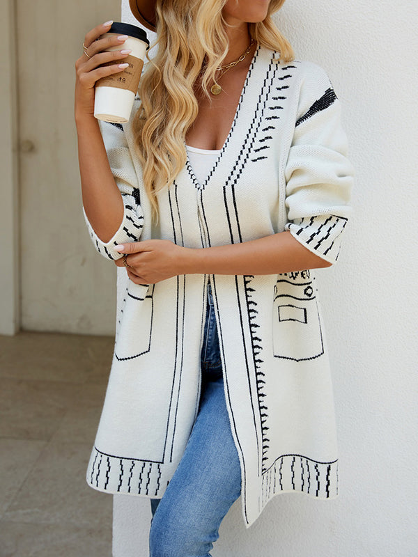 Long Sleeves Loose Jacquard Split-Joint V-Neck Cardigan Tops