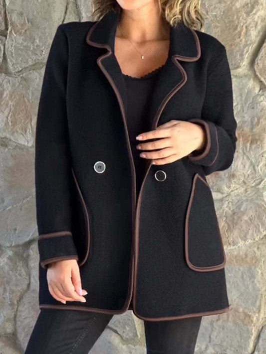 Long Sleeves Loose Buttoned Pockets Split-Joint Notched Collar Woolen Coat