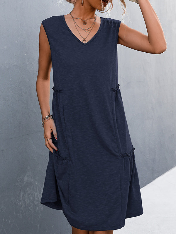 A-line Loose Pleated Solid Color Split-Joint V-neck Midi Dresses