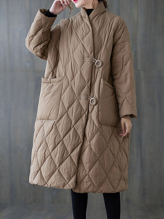 Vintage Artistic Retro Solid Color Buttoned Stand Collar Long Sleeves Padded Coat