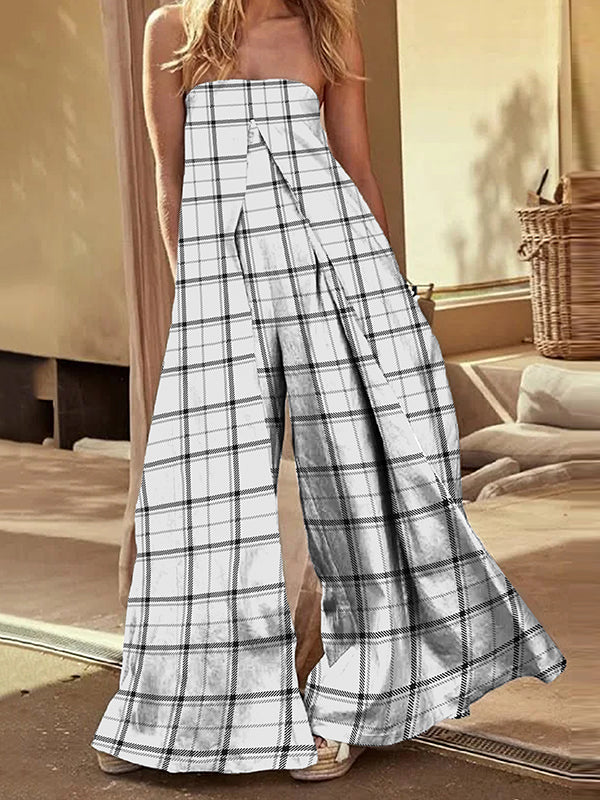 Loose Sleeveless Elasticity Plaid Split-Joint Tube Jumpsuits