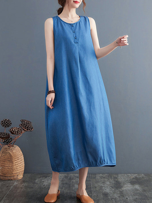A-Line Loose Buttoned Pleated Solid Color Round-Neck Midi Dresses
