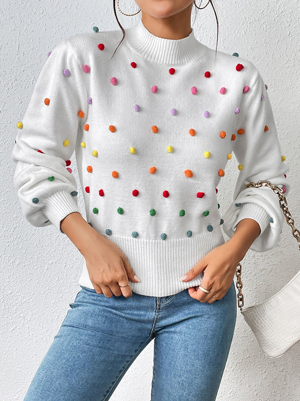 Long Sleeves Loose Pompom Triming Round-Neck Knitwear Pullovers Sweater Tops
