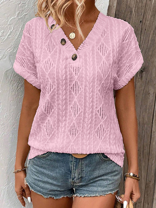 Loose Short Sleeves Buttoned Solid Color V-Neck T-Shirts Tops