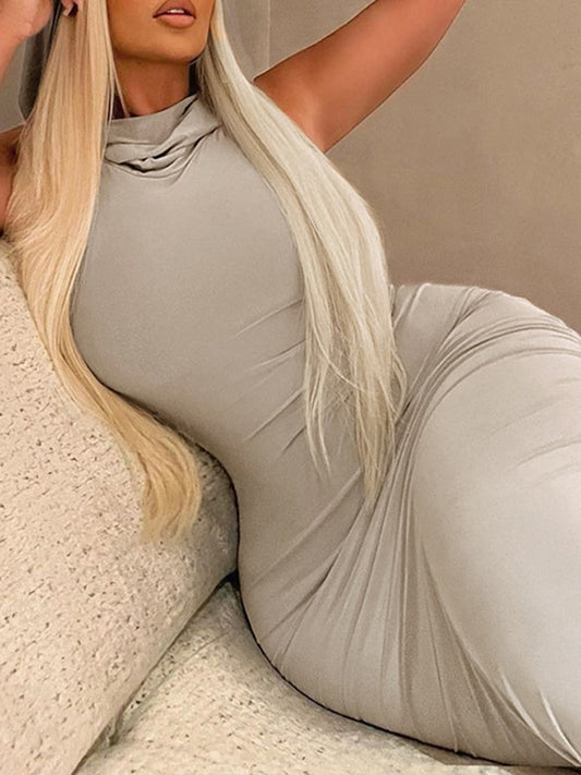 Bodycon High Waisted Hooded Solid Color Split-Back Maxi Dresses