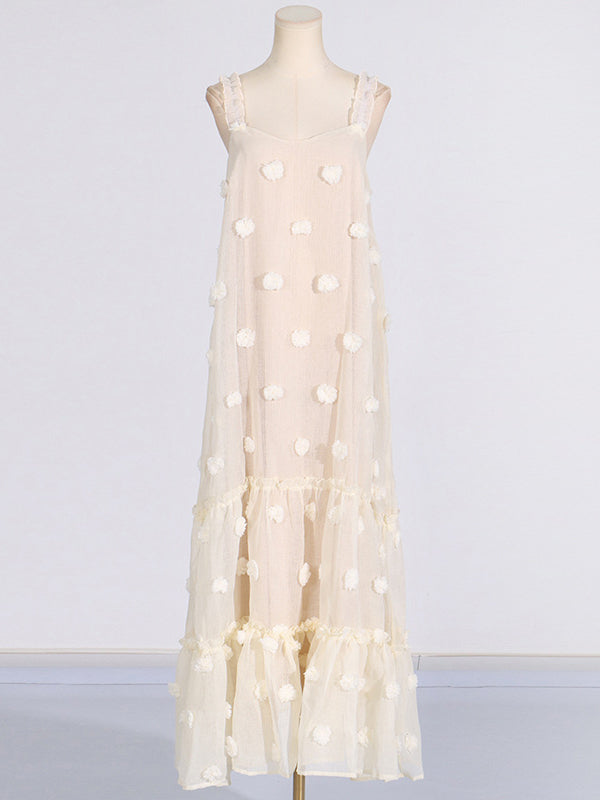 A-Line High Waisted Layered Pleated Split-Joint Three-Dimensional Flower Spaghetti-Neck Maxi Dresses