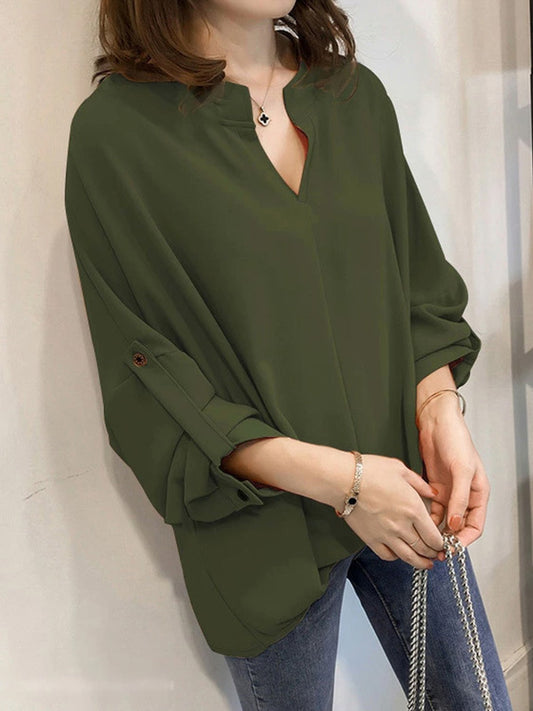 Casual Long Sleeves Loose Solid Color V-Neck Blouses&Shirts Tops