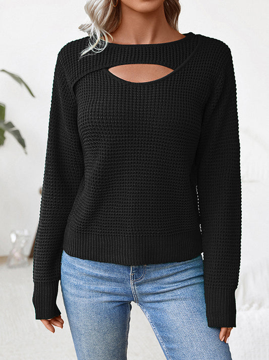Long Sleeves Loose Hollow Solid Color Split-Joint Round-Neck Pullovers Sweater Tops