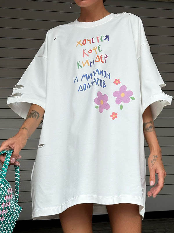 Half Sleeves Loose Printed Ripped Round-Neck T-Shirts