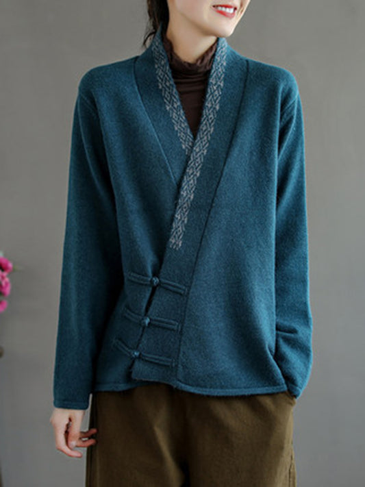 Vintage Solid Color Embroidered Wool Blend Cardigan Top