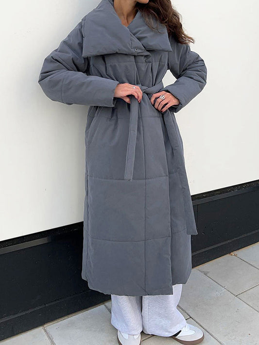 Long Sleeves Loose Split-Joint Tied Waist Lapel Padded Coat