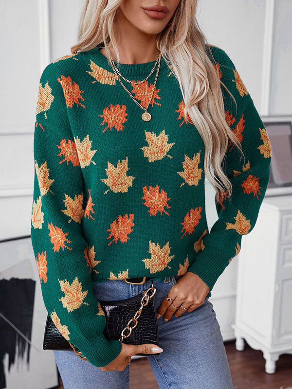 Long Sleeves Loose Contrast Color Jacquard Knitted Leaves Split-Joint Round-Neck Pullovers Sweater Tops