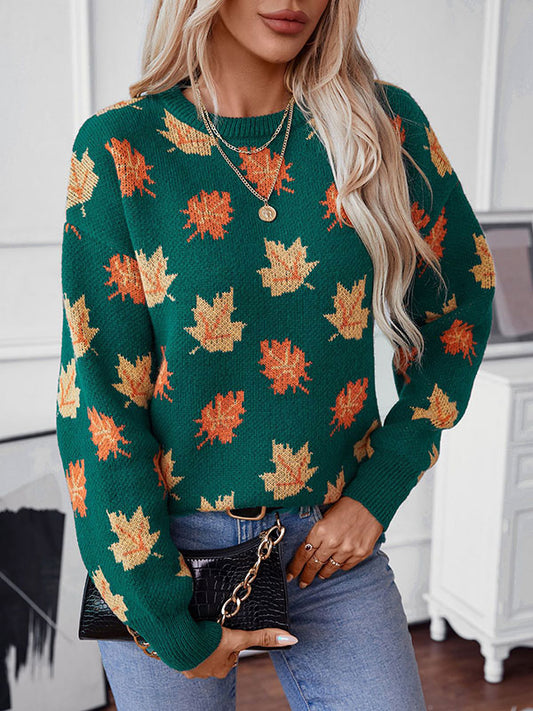 Long Sleeves Loose Contrast Color Jacquard Knitted Leaves Split-Joint Round-Neck Pullovers Sweater Tops