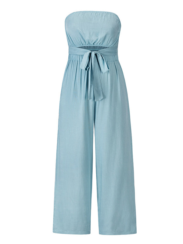 Original Cold Shoulder Tied Solid Color Straight Leg Jumpsuits