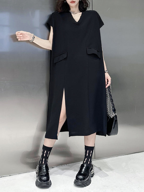 Loose Short Sleeves Asymmetric Solid Color Split-Joint Split-Side V-Neck Midi Dresses