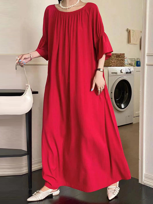 Half Sleeves Loose Solid Color Round-Neck Midi Dresses