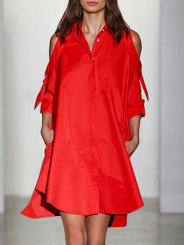 Loose Solid Color Split-Joint Cold Shoulder Mini Dresses Shirt Dress