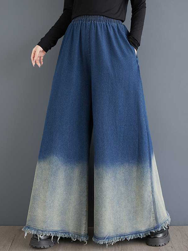 High Waisted Loose Elasticity Fringed Pockets Jean Pants Bottoms
