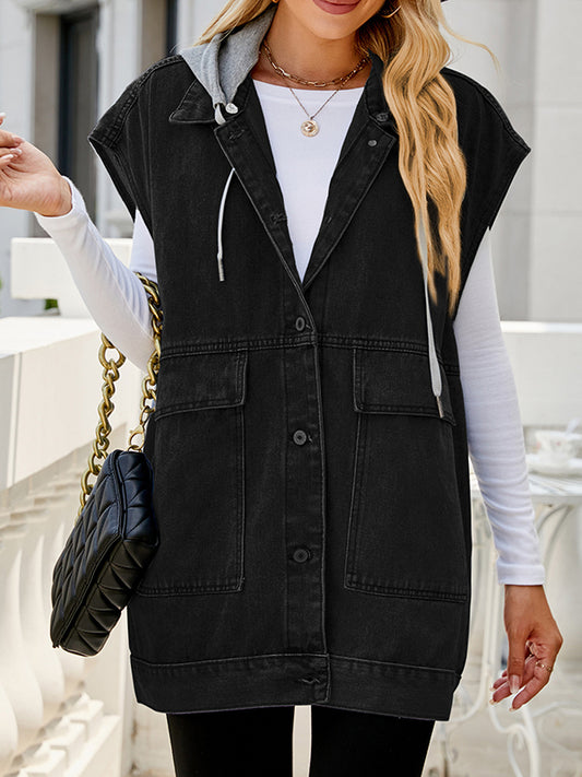 Loose Sleeveless Buttoned Detachable Hooded Pockets Split-Joint Lapel Collar Vest Outerwear