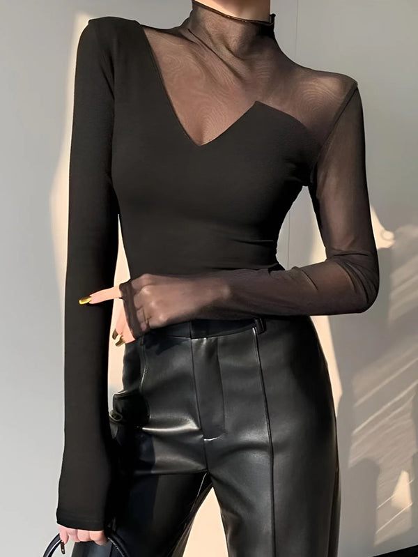 Long Sleeves Skinny Asymmetric Solid Color Split-Joint High Neck T-Shirts Tops