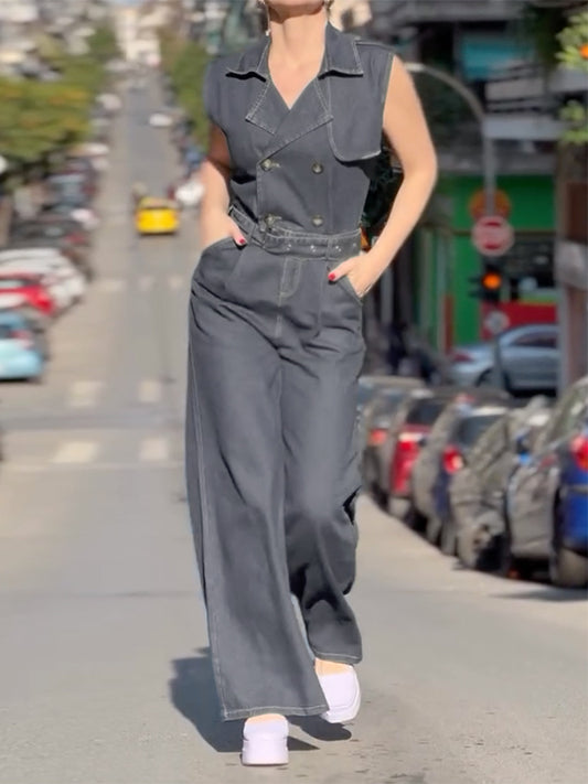 Sleeveless Buttoned Solid Color Notched Collar Jumpsuits