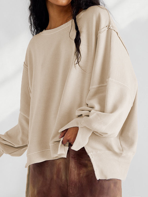 Long Sleeves Loose Fringed Solid Color Split-Joint Split-Side Round-Neck Sweatershirt