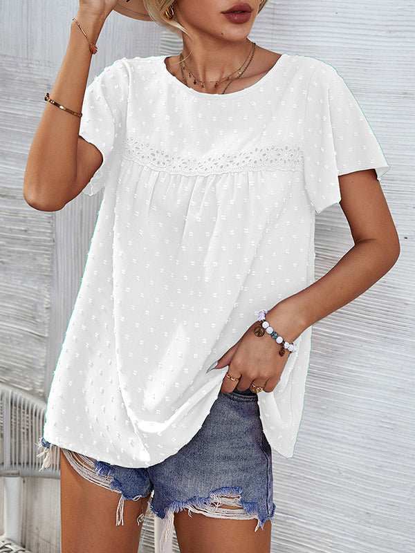 Loose Short Sleeves Jacquard Pleated Solid Color Split-Joint Round-Neck T-Shirts Tops