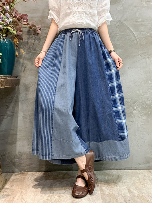 Loose Drawstring Elasticity Plaid Split-Joint Ninth Jean Pants Bottoms