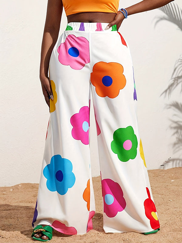 High Waisted Loose Elasticity Flower Print Split-Joint Pants Trousers