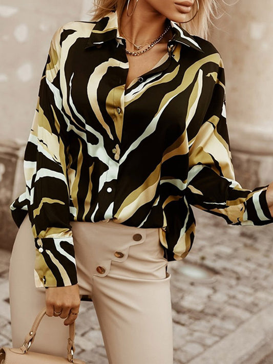 Long Sleeves Loose Buttoned Printed Lapel Blouses&Shirts Tops