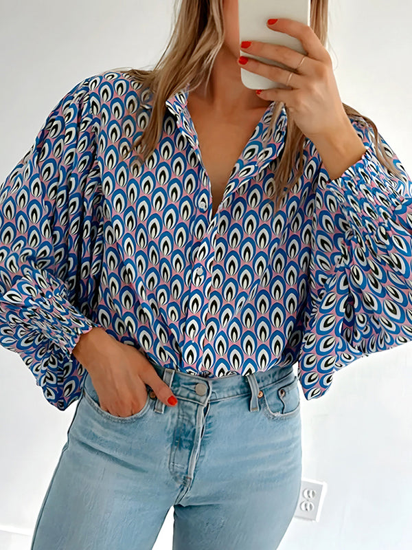 Long Sleeves Loose Buttoned Contrast Color Elasticity Lapel Blouses&Shirts Tops