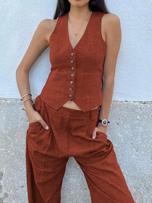Solid Color Sleeveless Buttoned Deep V-Neck Vest Top + Pleated Straight Leg Pants Bottom Two Pieces Set