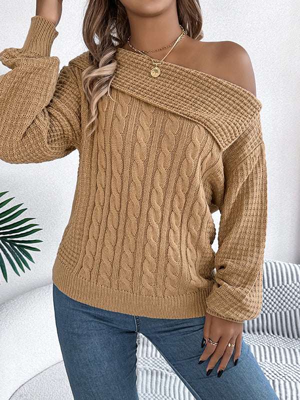 Long Sleeves Loose Asymmetric Solid Color Split-Joint One-Shoulder Pullovers Sweater Tops
