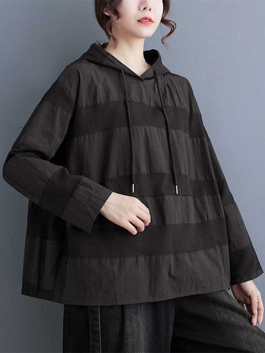 Long Sleeves Loose Drawstring Hooded Solid Color Split-Joint Round-Neck Hoodies Tops