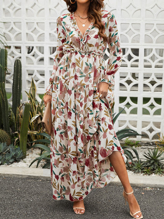 High Waisted Long Sleeves Flower Print Pleated Ruffled V-Neck Maxi Dresses