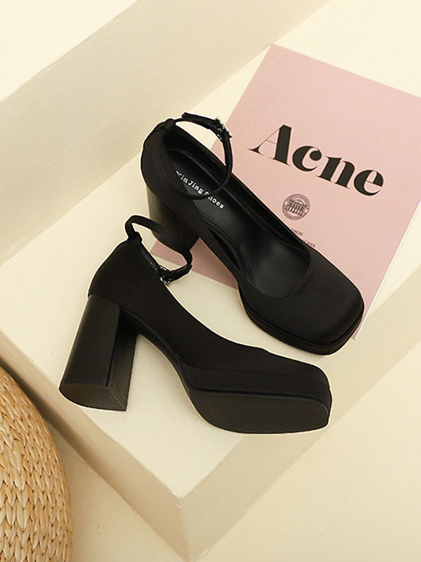 Lace-Up Shallow Cut Square-Toe Mary Janes Pumps