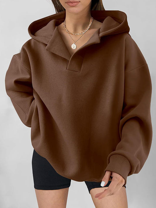 Loose Puff Sleeves Solid Color Split-Joint Hooded Hoodies Tops
