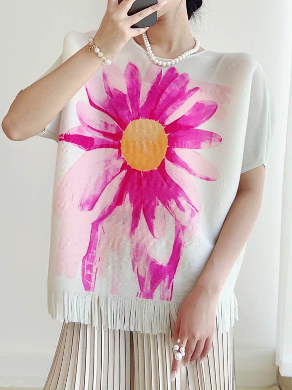 Batwing Sleeves Loose Flower Print Pleated Tasseled Round-Neck T-Shirts Tops