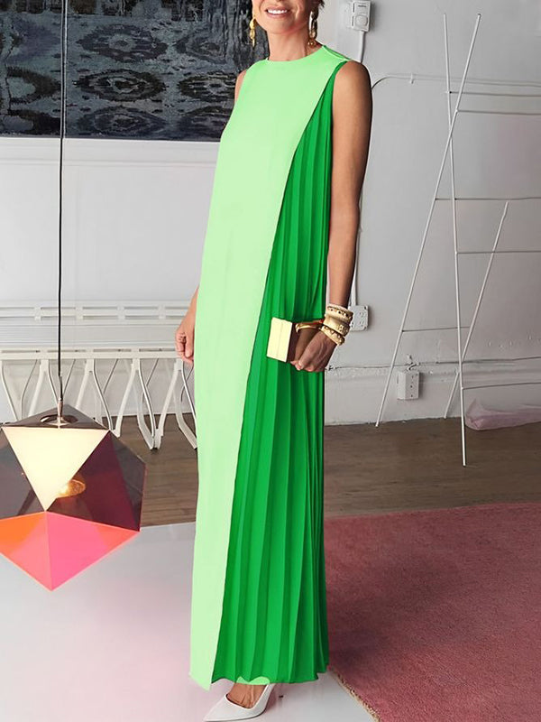 Loose Sleeveless Asymmetric Contrast Color Pleated Split-Joint Round-Neck Maxi Dresses