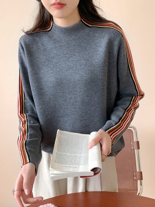Long Sleeves Loose Contrast Color Striped Mock Neck Pullovers Sweater Tops