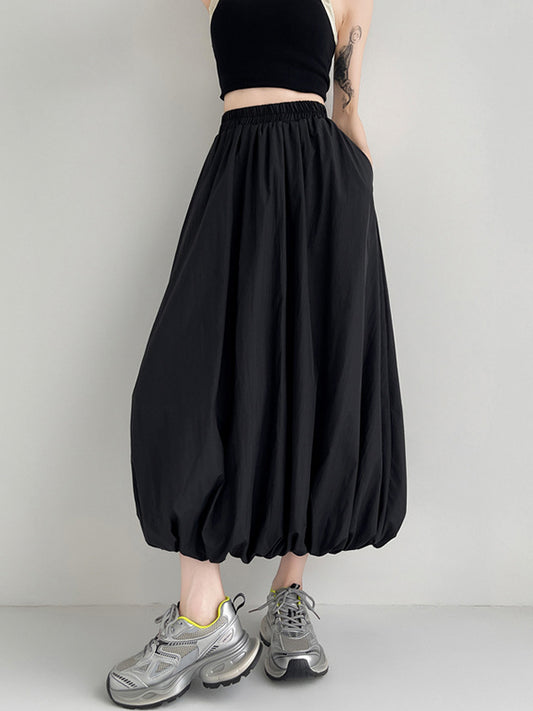 A-Line Loose Elasticity Pleated Pockets Solid Color Skirts Bottoms