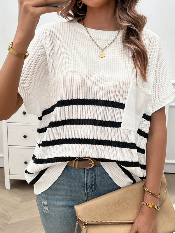 Half Sleeves Loose Pockets Striped Round-neck Knitwear Sweater Tops