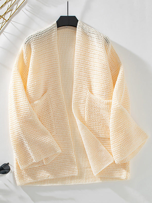 Long Sleeves Loose Pockets Solid Color Split-Joint Collarless Cardigan Tops