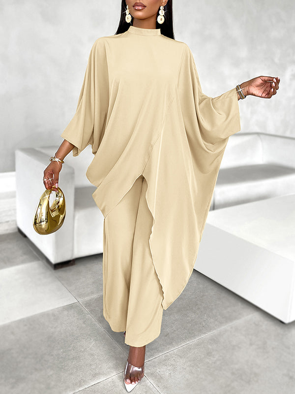 Batwing Sleeves Long Sleeves Asymmetric Hollow Solid Color Mock Neck T-Shirt Top + Pants Bottom Two Pieces Set