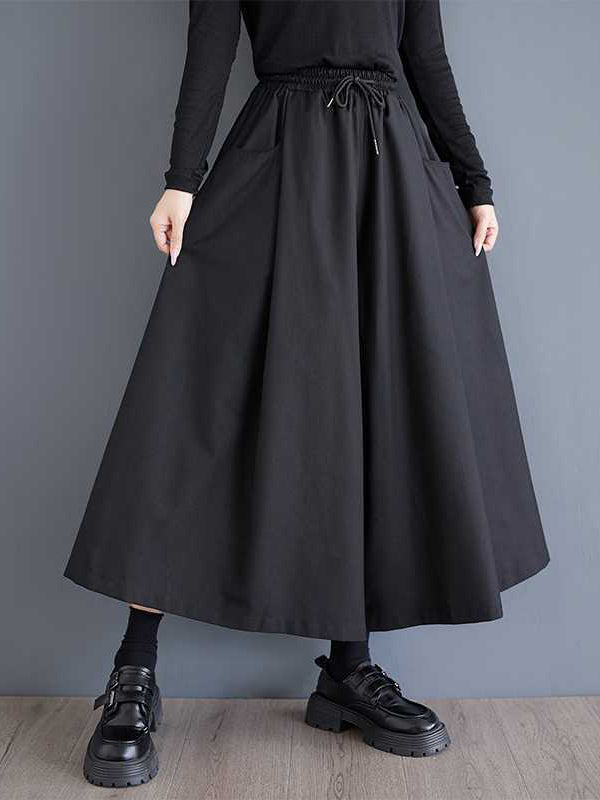A-Line High Waisted Drawstring Elasticity Pockets Solid Color Culotte Pants