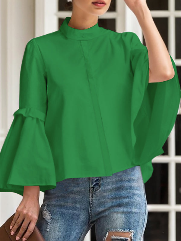 Flared Sleeves Long Sleeves Buttoned Pleated Solid Color Split-Joint Stand Collar Blouses&Shirts Tops
