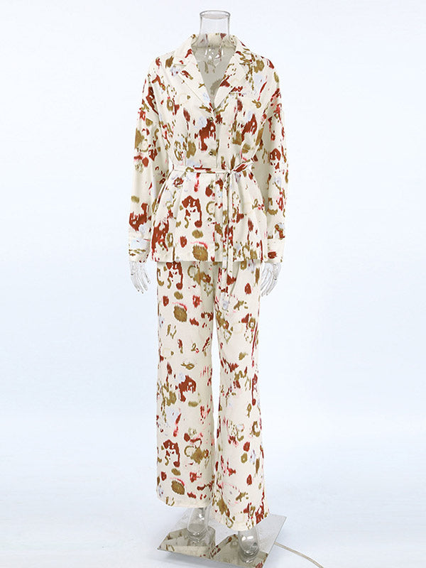 Long Sleeves Lace-Up Printed Lapel Blouse + High Waisted Elasticity Pants Two Pieces Set