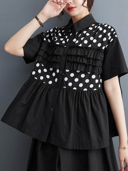 Loose Short Sleeves Contrast Color Pleated Polka-Dot Split-Joint Lapel Blouses