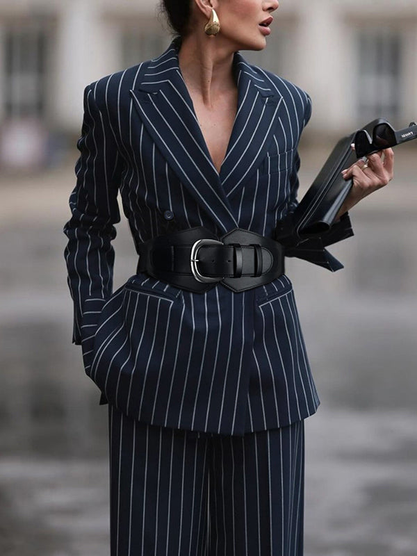 Long Sleeves Belted Striped Notched Collar Blazer Outerwear