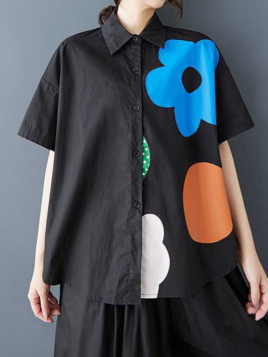 Loose Short Sleeves Buttoned Flower Print Lapel Blouses&Shirts Tops